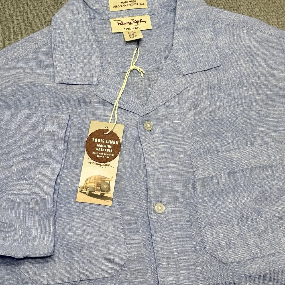 Panama Jack Linen Shirt Mens M Blue Camp Collar Button Up Short Sleeve NWT